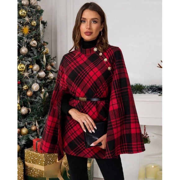 Red Plaid Holiday Cloak Sleeve Gold Button Cape - Picture 1 of 4